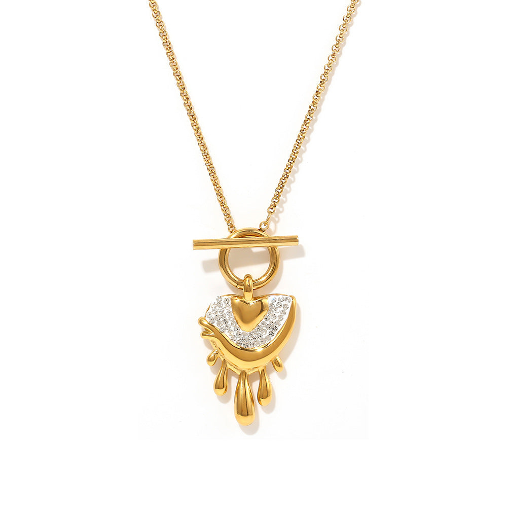 316L Stainless Steel 18K Gold PVD Chic Melting Heart Rhinestone Toggle Necklace - Chic Melting Heart Rhinestone Pendant Toggle Clasp Wholesale Stainless Steel Jewelry - Sensitive Skin Friendly - Detail 2