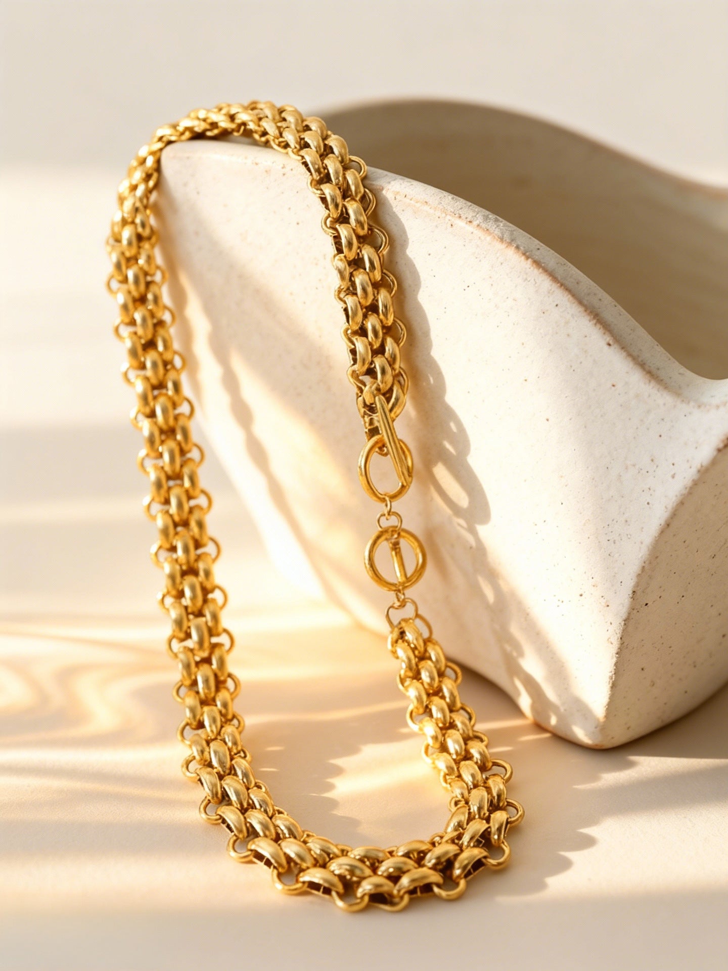 316L Stainless Steel 18K Gold PVD Chunky Chain OT Clasp Bracelet & Necklace - Chunky Chain, OT Clasp, Modern European, Bold, Statement Wholesale Stainless Steel Jewelry - Sensitive Skin Friendly - Detail 10