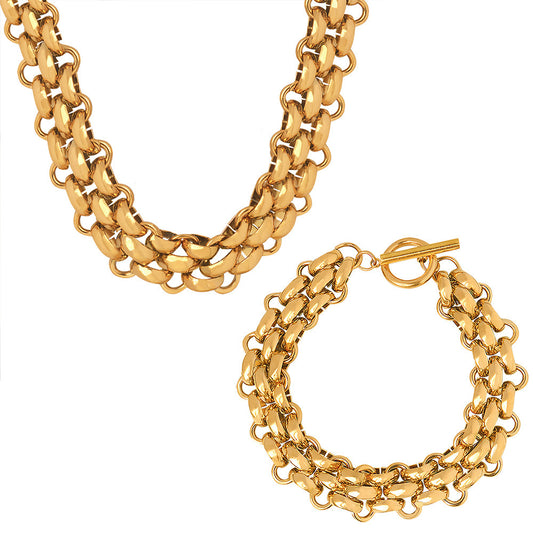316L Stainless Steel 18K Gold PVD Chunky Chain OT Clasp Bracelet & Necklace - Chunky Chain, OT Clasp, Modern European, Bold, Statement Wholesale Stainless Steel Jewelry - Sensitive Skin Friendly - Detail 3