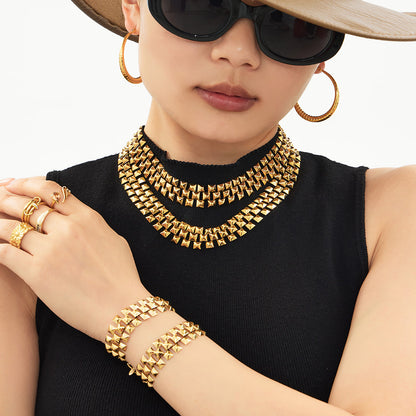 316L Stainless Steel 18K Gold PVD Chunky Chain Statement Necklace Bracelet Set - Chunky Chain, Statement, Modern, Gold, Steel Wholesale Stainless Steel Jewelry - Sensitive Skin Friendly - Detail 16