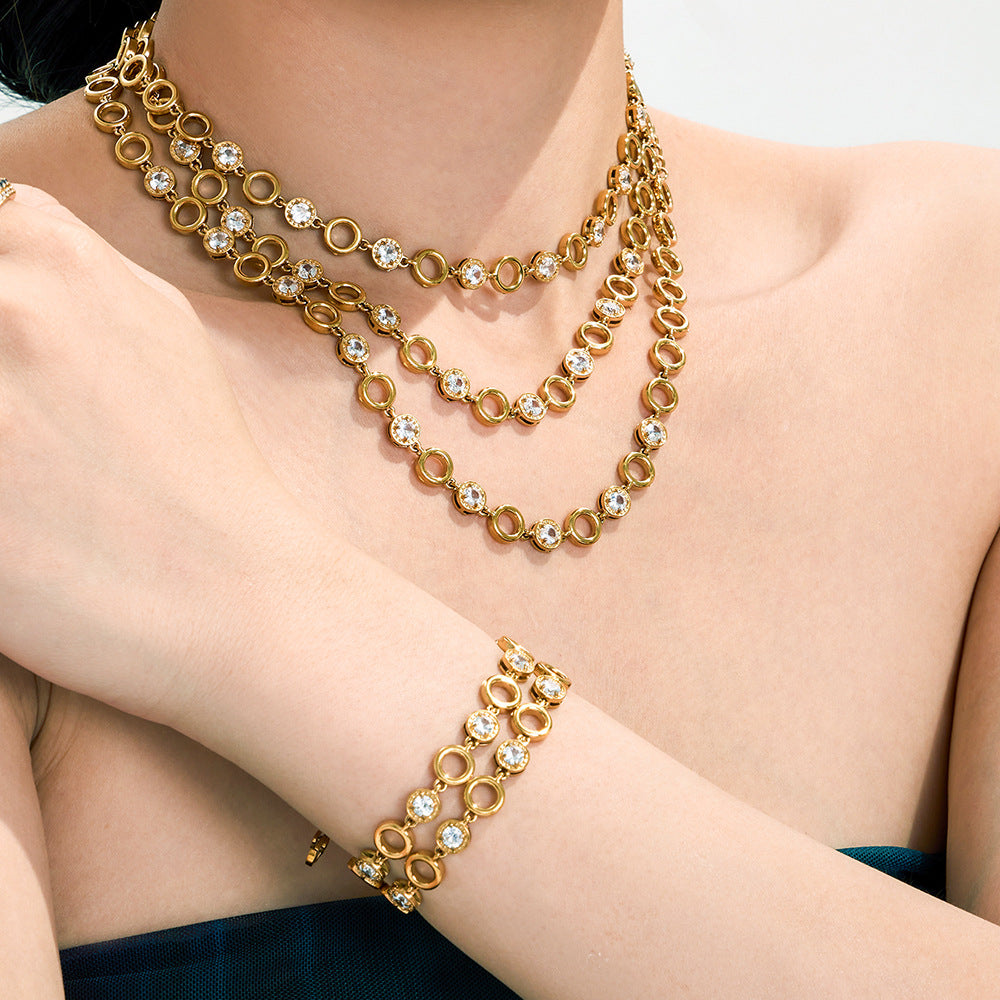 316L Stainless Steel 18K Gold PVD Claw Set Zircon Round Link Chain Jewelry Set - Claw Set Zircon, Round Link Chain, Delicate Gold, Elegant, Modern Wholesale Stainless Steel Jewelry - Sensitive Skin Friendly - Detail 1