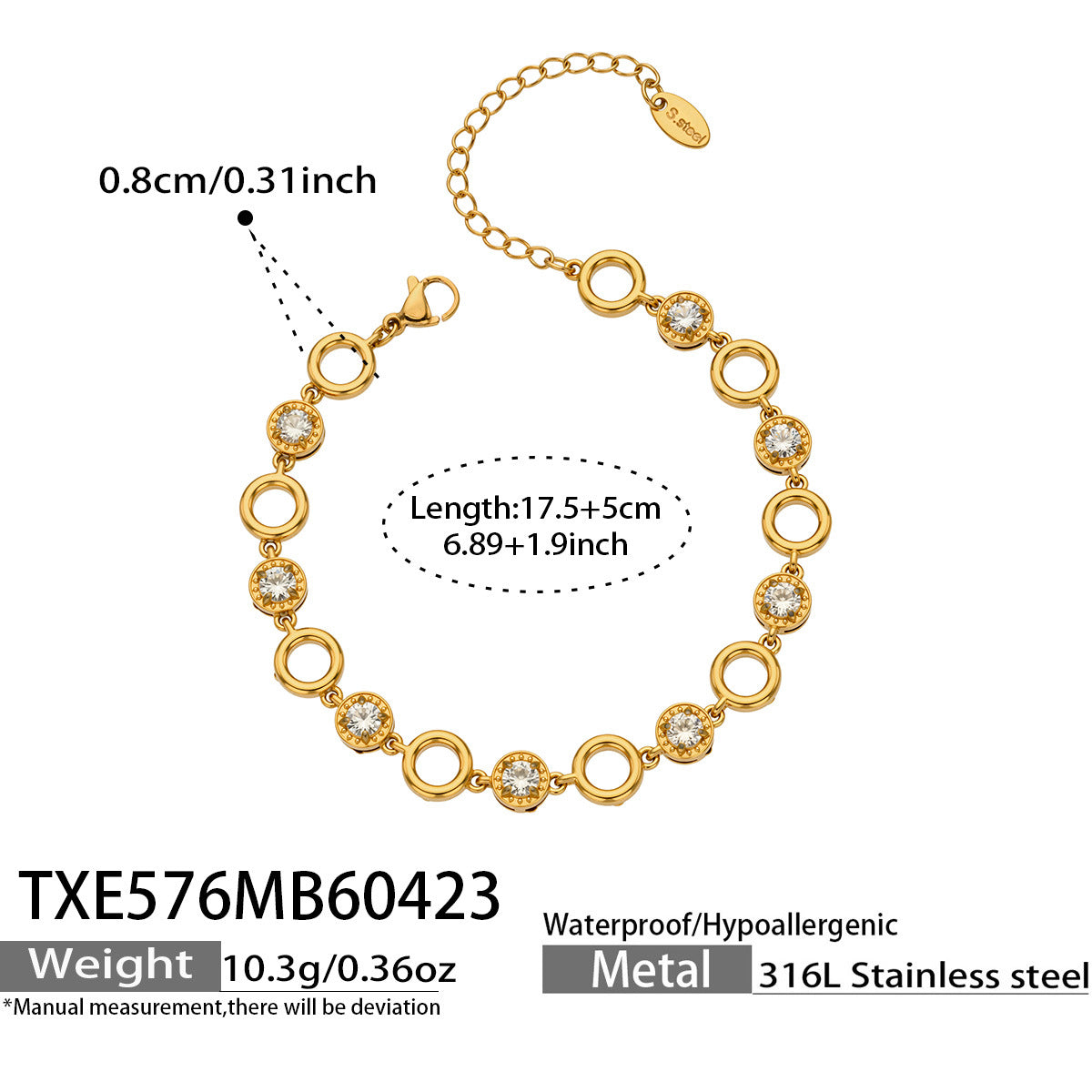 316L Stainless Steel 18K Gold PVD Claw Set Zircon Round Link Chain Jewelry Set - Claw Set Zircon, Round Link Chain, Delicate Gold, Elegant, Modern Wholesale Stainless Steel Jewelry - Sensitive Skin Friendly - Detail 13