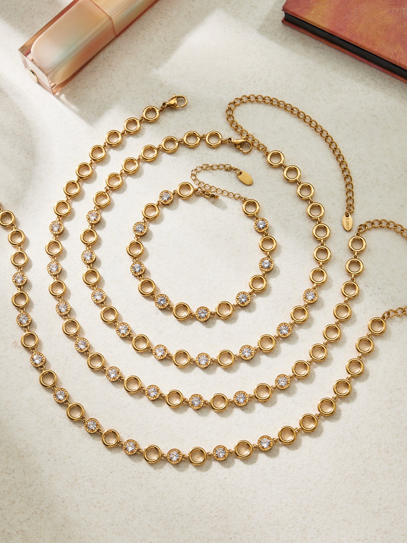 316L Stainless Steel 18K Gold PVD Claw Set Zircon Round Link Chain Jewelry Set - Claw Set Zircon, Round Link Chain, Delicate Gold, Elegant, Modern Wholesale Stainless Steel Jewelry - Sensitive Skin Friendly - Detail 4