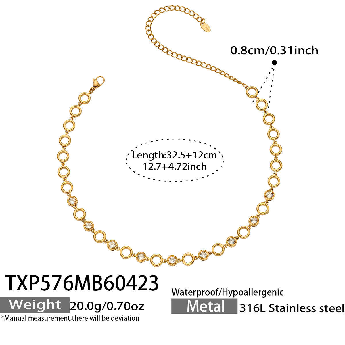316L Stainless Steel 18K Gold PVD Claw Set Zircon Round Link Chain Jewelry Set - Claw Set Zircon, Round Link Chain, Delicate Gold, Elegant, Modern Wholesale Stainless Steel Jewelry - Sensitive Skin Friendly - Detail 6