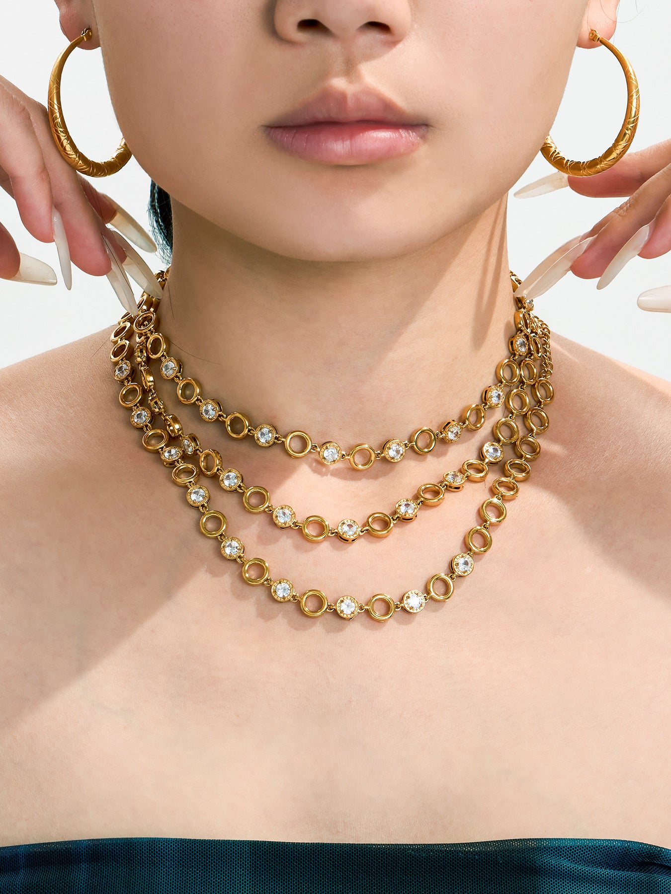 316L Stainless Steel 18K Gold PVD Claw Set Zircon Round Link Chain Jewelry Set - Claw Set Zircon, Round Link Chain, Delicate Gold, Elegant, Modern Wholesale Stainless Steel Jewelry - Sensitive Skin Friendly - Detail 7