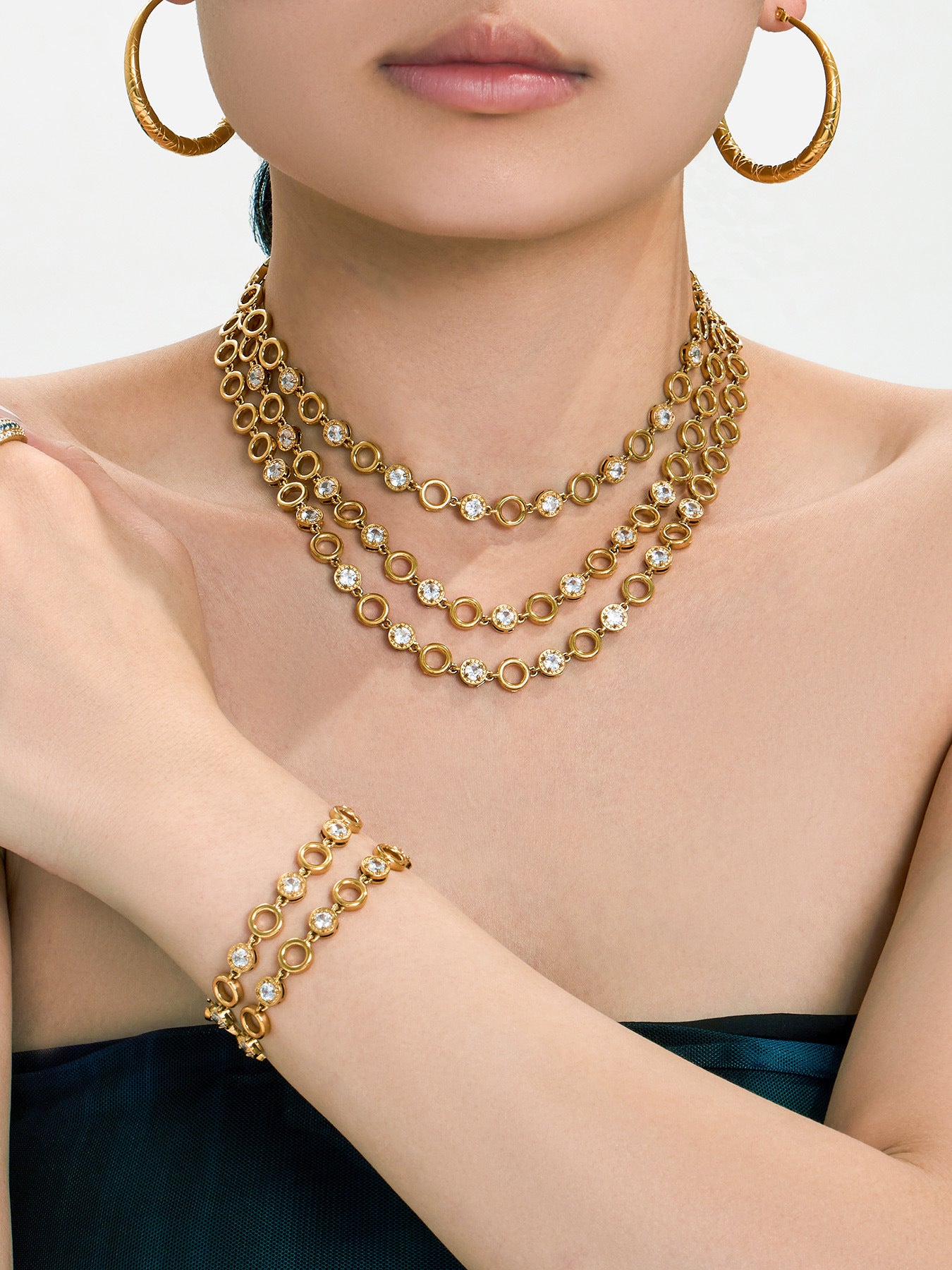 316L Stainless Steel 18K Gold PVD Claw Set Zircon Round Link Chain Jewelry Set - Claw Set Zircon, Round Link Chain, Delicate Gold, Elegant, Modern Wholesale Stainless Steel Jewelry - Sensitive Skin Friendly - Detail 8