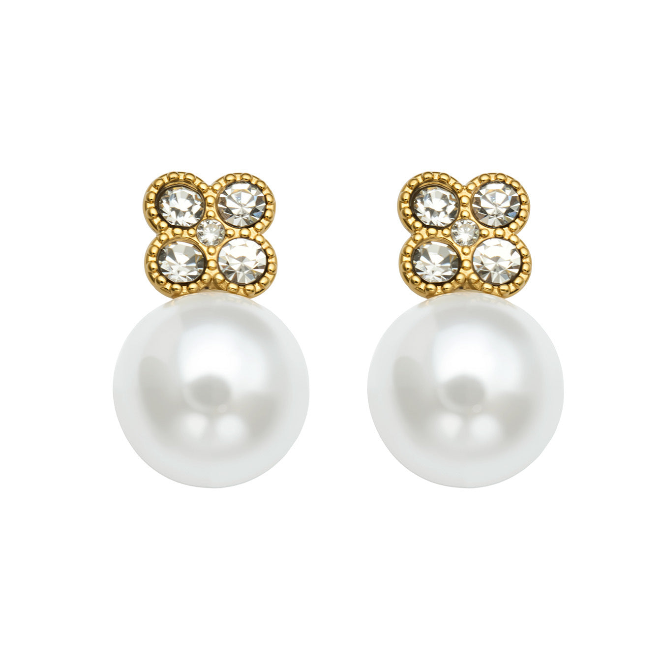 316L Stainless Steel 18K Gold PVD Clover Pearl Zircon Earrings - Gold Clover Pearl Zircon Earrings Wholesale Stainless Steel Jewelry - Sensitive Skin Friendly - Detail 1