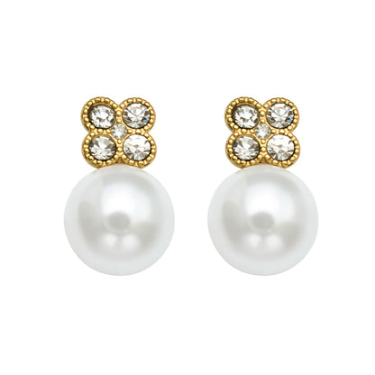 316L Stainless Steel 18K Gold PVD Clover Pearl Zircon Earrings - Gold Clover Pearl Zircon Earrings Wholesale Stainless Steel Jewelry - Sensitive Skin Friendly - Detail 1