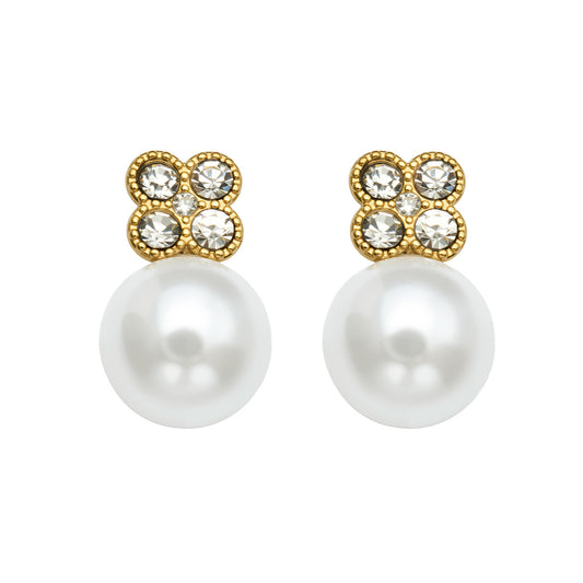 316L Stainless Steel 18K Gold PVD Clover Pearl Zircon Earrings - Gold Clover Pearl Zircon Earrings Wholesale Stainless Steel Jewelry - Sensitive Skin Friendly - Detail 1