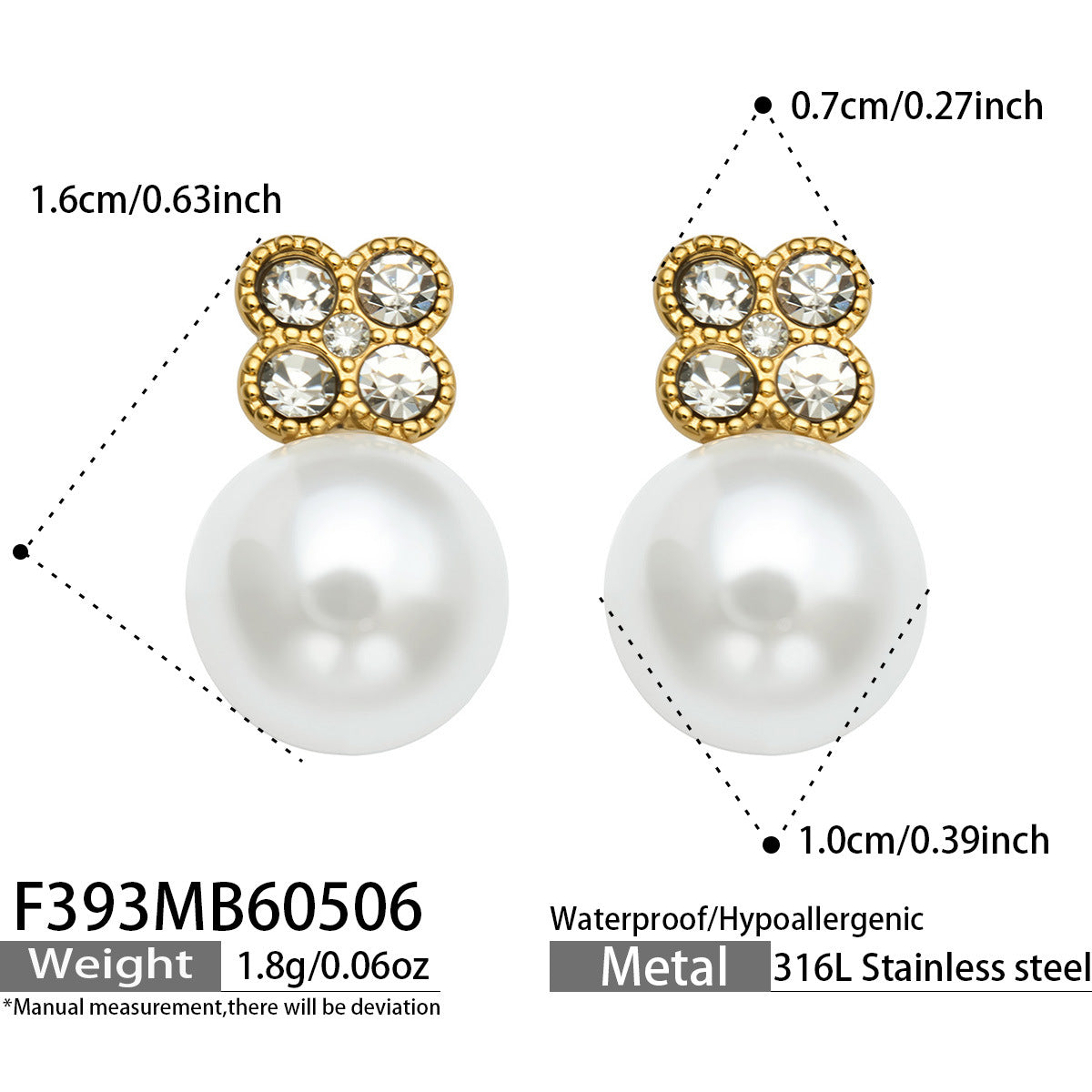 316L Stainless Steel 18K Gold PVD Clover Pearl Zircon Earrings - Gold Clover Pearl Zircon Earrings Wholesale Stainless Steel Jewelry - Sensitive Skin Friendly - Detail 12