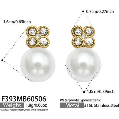 316L Stainless Steel 18K Gold PVD Clover Pearl Zircon Earrings - Gold Clover Pearl Zircon Earrings Wholesale Stainless Steel Jewelry - Sensitive Skin Friendly - Detail 12