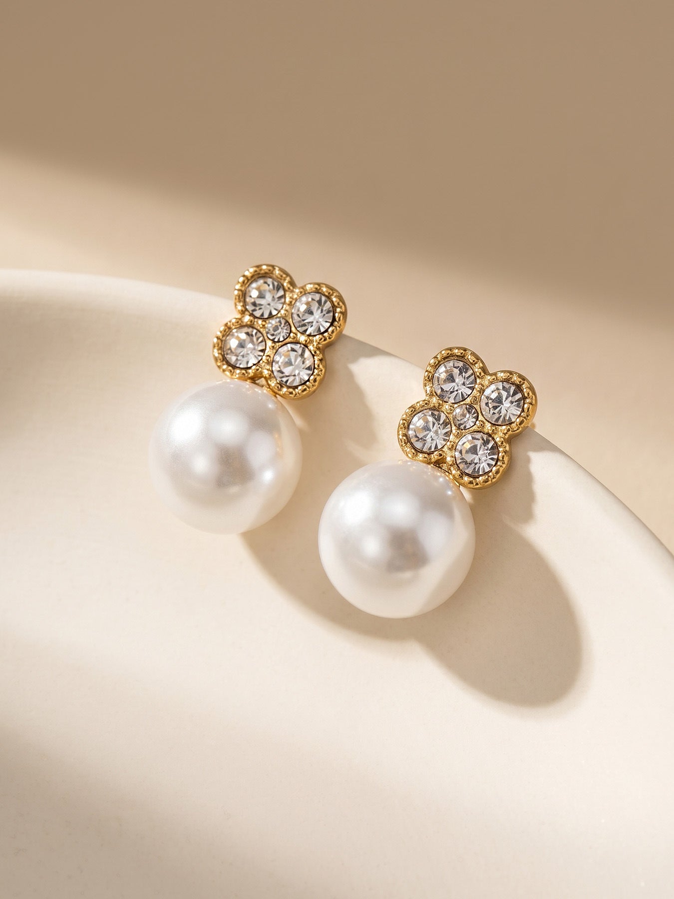 316L Stainless Steel 18K Gold PVD Clover Pearl Zircon Earrings - Gold Clover Pearl Zircon Earrings Wholesale Stainless Steel Jewelry - Sensitive Skin Friendly - Detail 14
