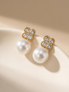 316L Stainless Steel 18K Gold PVD Clover Pearl Zircon Earrings - Gold Clover Pearl Zircon Earrings Wholesale Stainless Steel Jewelry - Sensitive Skin Friendly - Detail 14