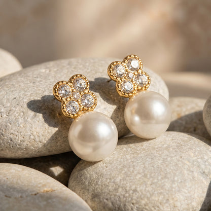 316L Stainless Steel 18K Gold PVD Clover Pearl Zircon Earrings - Gold Clover Pearl Zircon Earrings Wholesale Stainless Steel Jewelry - Sensitive Skin Friendly - Detail 5