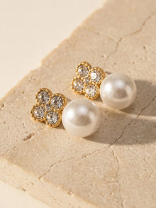 316L Stainless Steel 18K Gold PVD Clover Pearl Zircon Earrings - Gold Clover Pearl Zircon Earrings Wholesale Stainless Steel Jewelry - Sensitive Skin Friendly - Detail 7