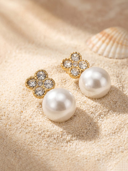 316L Stainless Steel 18K Gold PVD Clover Pearl Zircon Earrings - Gold Clover Pearl Zircon Earrings Wholesale Stainless Steel Jewelry - Sensitive Skin Friendly - Detail 8