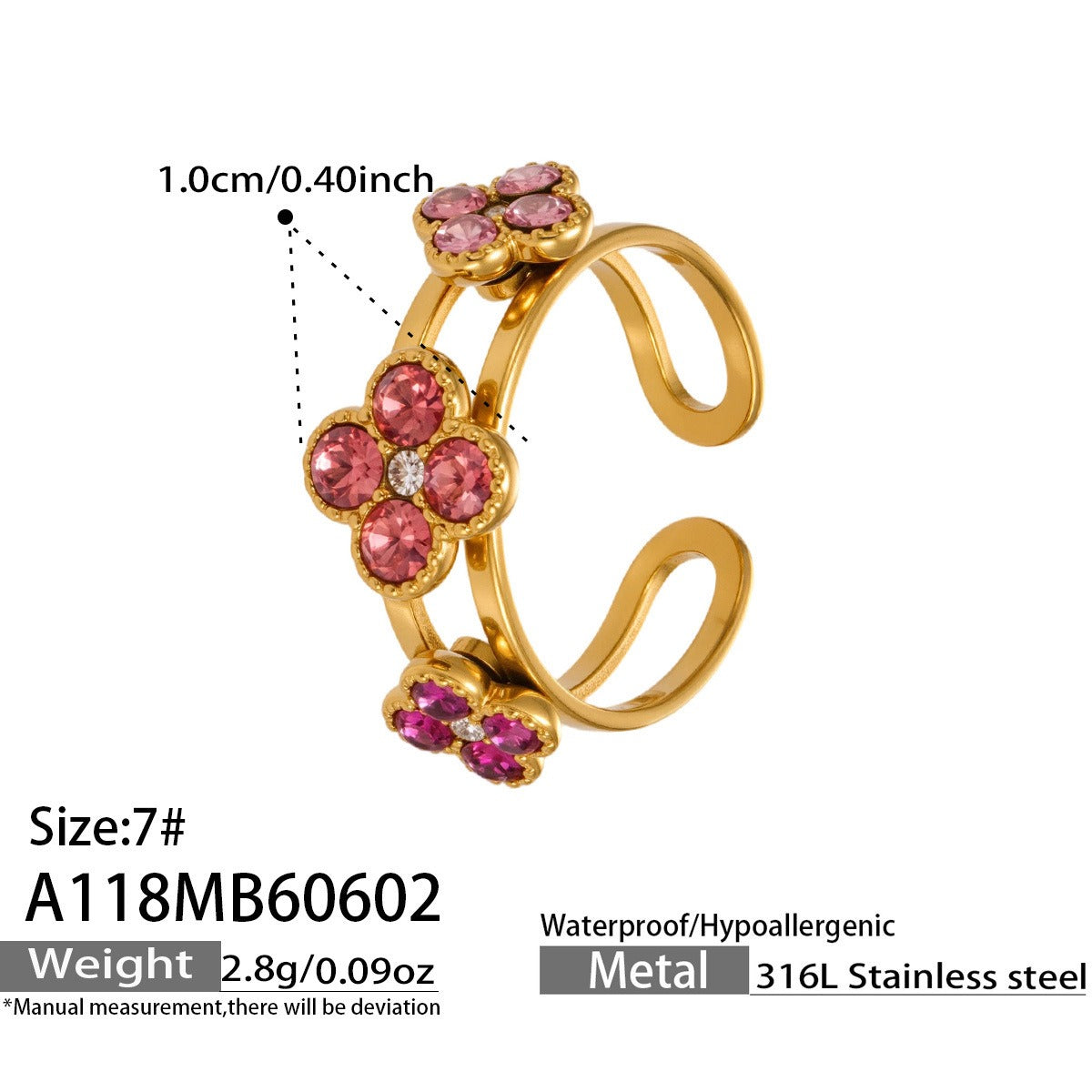 316L Stainless Steel 18K Gold PVD Clover Zircon Ring - Vintage Gold Band Clover Zircon Wholesale Stainless Steel Jewelry - Sensitive Skin Friendly - Detail 10