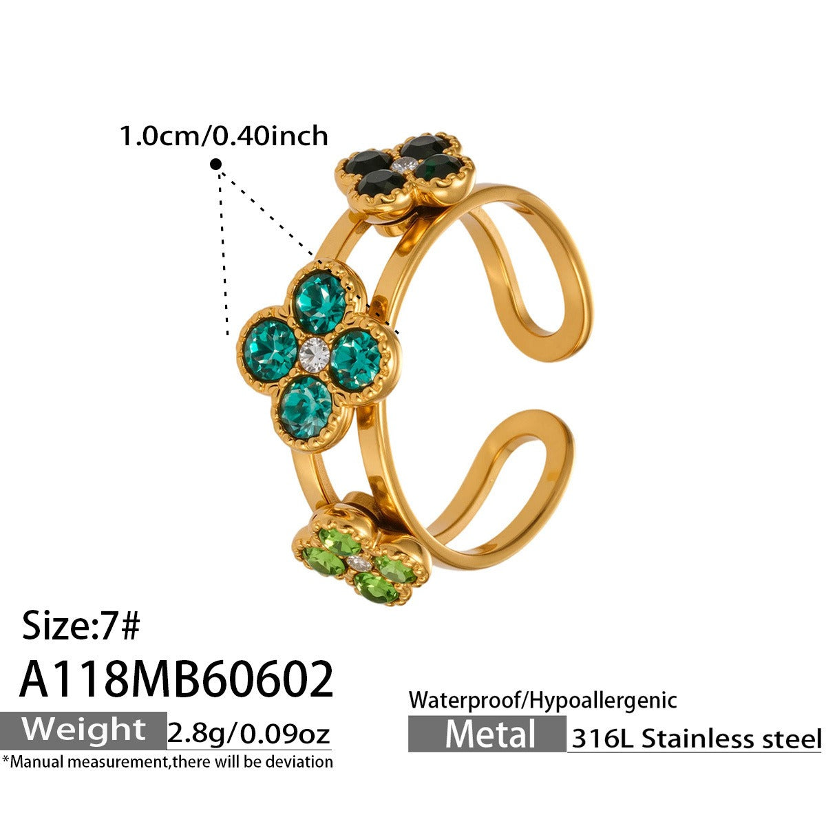 316L Stainless Steel 18K Gold PVD Clover Zircon Ring - Vintage Gold Band Clover Zircon Wholesale Stainless Steel Jewelry - Sensitive Skin Friendly - Detail 11