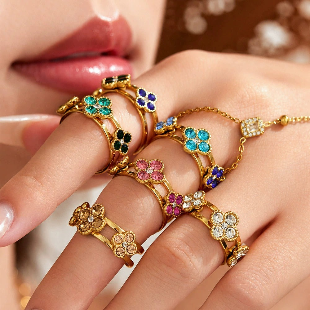 316L Stainless Steel 18K Gold PVD Clover Zircon Ring - Vintage Gold Band Clover Zircon Wholesale Stainless Steel Jewelry - Sensitive Skin Friendly - Detail 3
