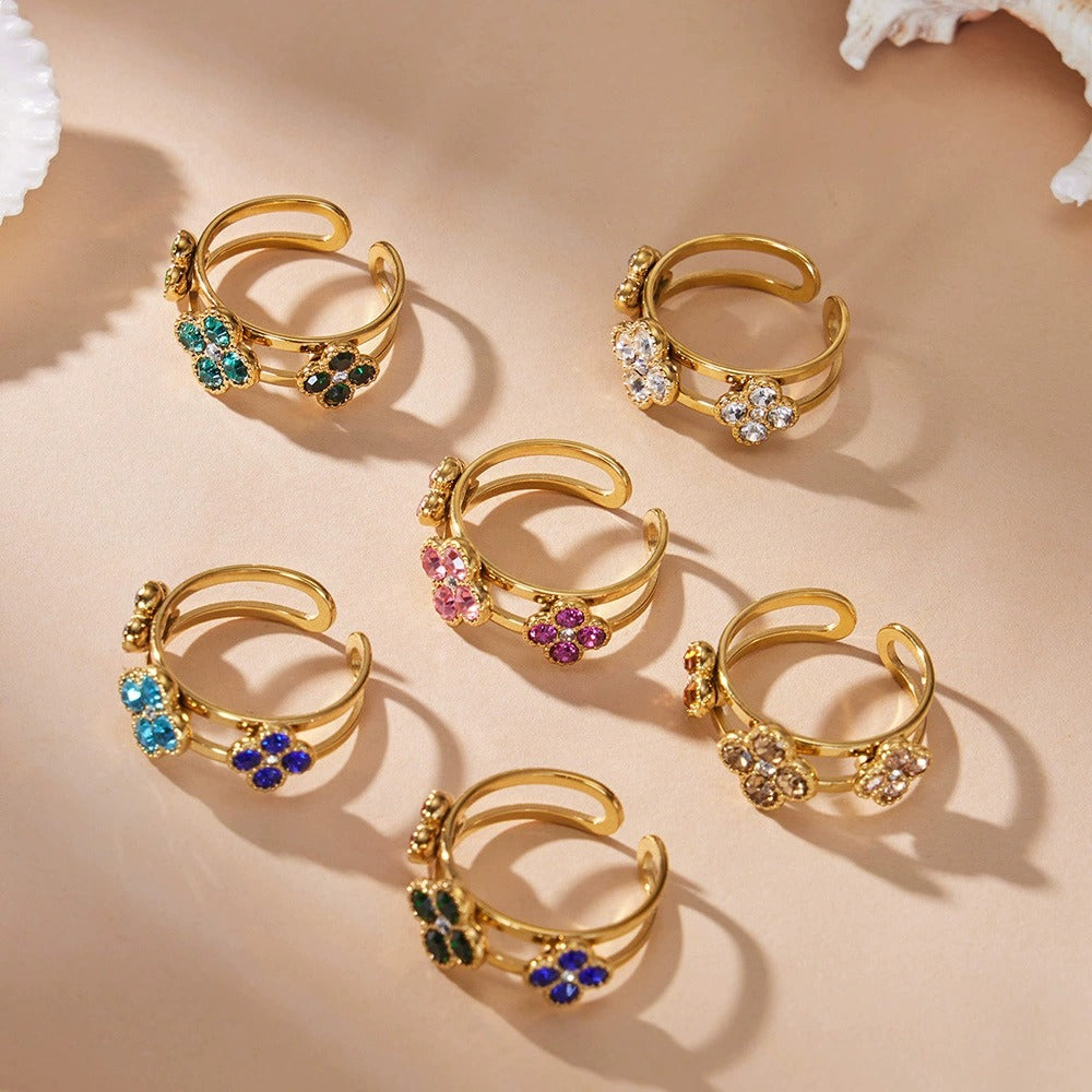 316L Stainless Steel 18K Gold PVD Clover Zircon Ring - Vintage Gold Band Clover Zircon Wholesale Stainless Steel Jewelry - Sensitive Skin Friendly - Detail 4