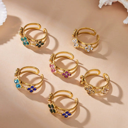 316L Stainless Steel 18K Gold PVD Clover Zircon Ring - Vintage Gold Band Clover Zircon Wholesale Stainless Steel Jewelry - Sensitive Skin Friendly - Detail 4