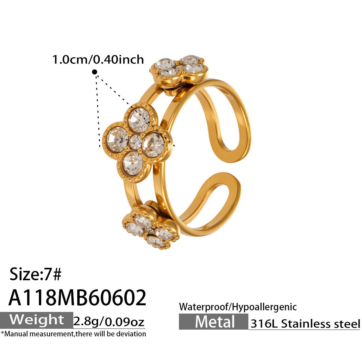 316L Stainless Steel 18K Gold PVD Clover Zircon Ring - Vintage Gold Band Clover Zircon Wholesale Stainless Steel Jewelry - Sensitive Skin Friendly - Detail 7