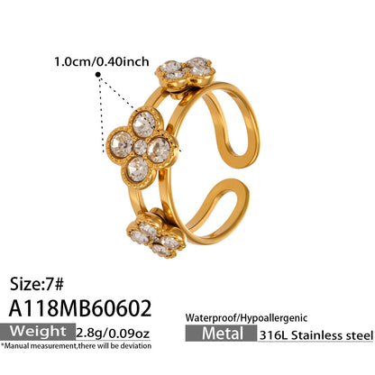 316L Stainless Steel 18K Gold PVD Clover Zircon Ring - Vintage Gold Band Clover Zircon Wholesale Stainless Steel Jewelry - Sensitive Skin Friendly - Detail 7