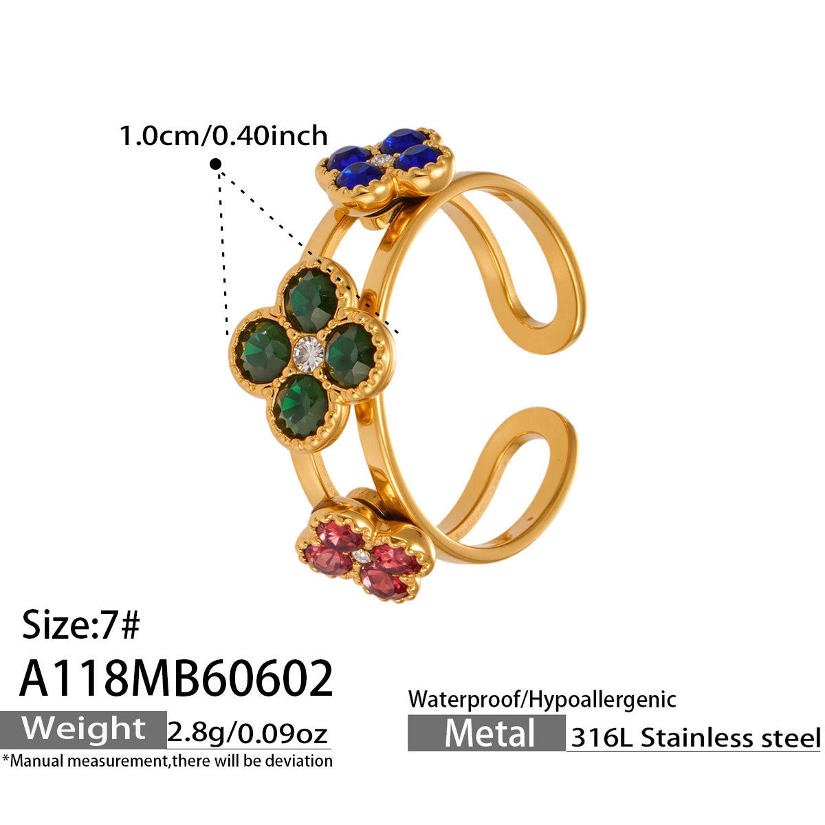 316L Stainless Steel 18K Gold PVD Clover Zircon Ring - Vintage Gold Band Clover Zircon Wholesale Stainless Steel Jewelry - Sensitive Skin Friendly - Detail 8