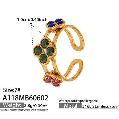 316L Stainless Steel 18K Gold PVD Clover Zircon Ring - Vintage Gold Band Clover Zircon Wholesale Stainless Steel Jewelry - Sensitive Skin Friendly - Detail 8