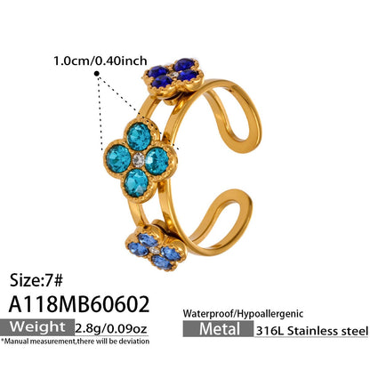316L Stainless Steel 18K Gold PVD Clover Zircon Ring - Vintage Gold Band Clover Zircon Wholesale Stainless Steel Jewelry - Sensitive Skin Friendly - Detail 9