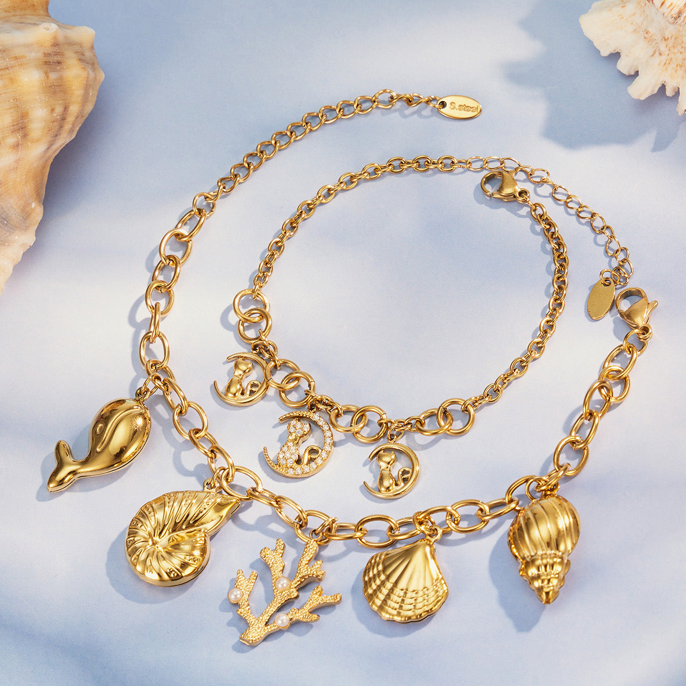 316L Stainless Steel 18K Gold PVD Coastal Charm Necklace - Ocean-inspired Tassels Starfish Wholesale Stainless Steel Jewelry - Sensitive Skin Friendly - Detail 11
