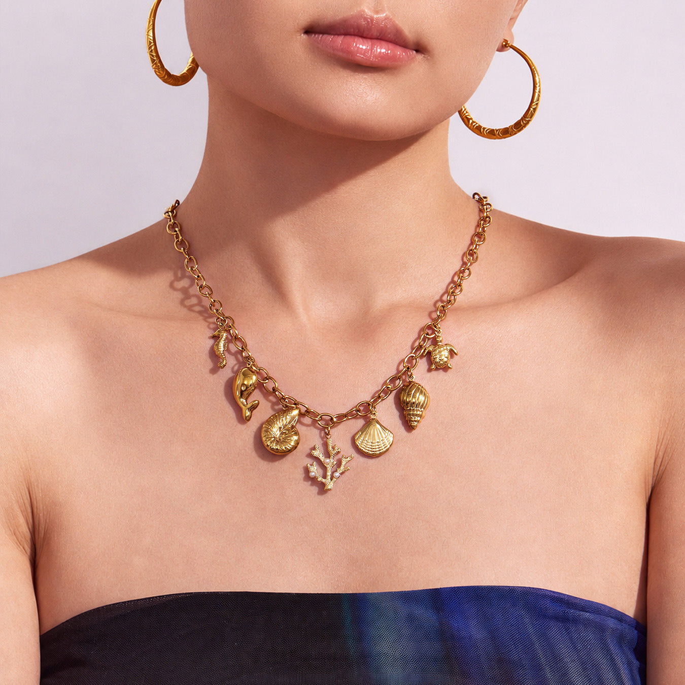 316L Stainless Steel 18K Gold PVD Coastal Charm Necklace - Ocean-inspired Tassels Starfish Wholesale Stainless Steel Jewelry - Sensitive Skin Friendly - Detail 12