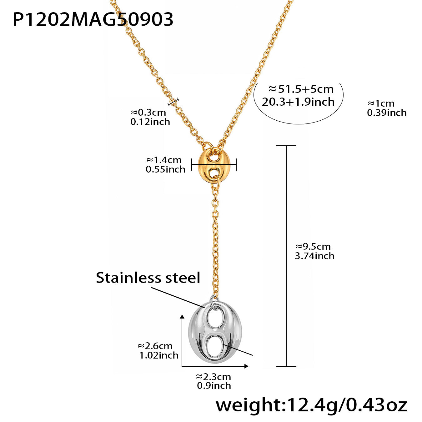 316L Stainless Steel 18K Gold PVD Coffee Bean Y-Tassel Layering Necklace - Coffee Bean, Y-Tassel, Layering Necklace, Stainless Steel, Gold Plated, Lariat Wholesale Stainless Steel Jewelry - Sensitive Skin Friendly - Detail 12