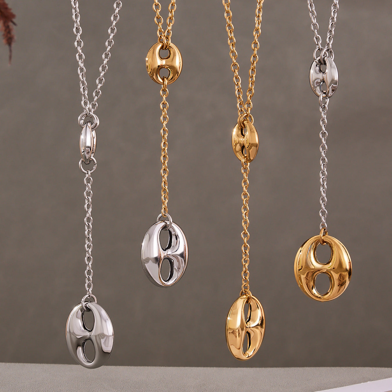 316L Stainless Steel 18K Gold PVD Coffee Bean Y-Tassel Layering Necklace - Coffee Bean, Y-Tassel, Layering Necklace, Stainless Steel, Gold Plated, Lariat Wholesale Stainless Steel Jewelry - Sensitive Skin Friendly - Detail 15
