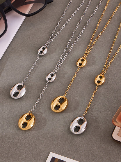 316L Stainless Steel 18K Gold PVD Coffee Bean Y-Tassel Layering Necklace - Coffee Bean, Y-Tassel, Layering Necklace, Stainless Steel, Gold Plated, Lariat Wholesale Stainless Steel Jewelry - Sensitive Skin Friendly - Detail 4