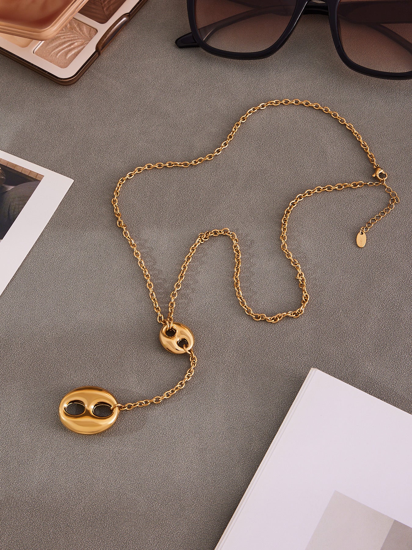 316L Stainless Steel 18K Gold PVD Coffee Bean Y-Tassel Layering Necklace - Coffee Bean, Y-Tassel, Layering Necklace, Stainless Steel, Gold Plated, Lariat Wholesale Stainless Steel Jewelry - Sensitive Skin Friendly - Detail 7