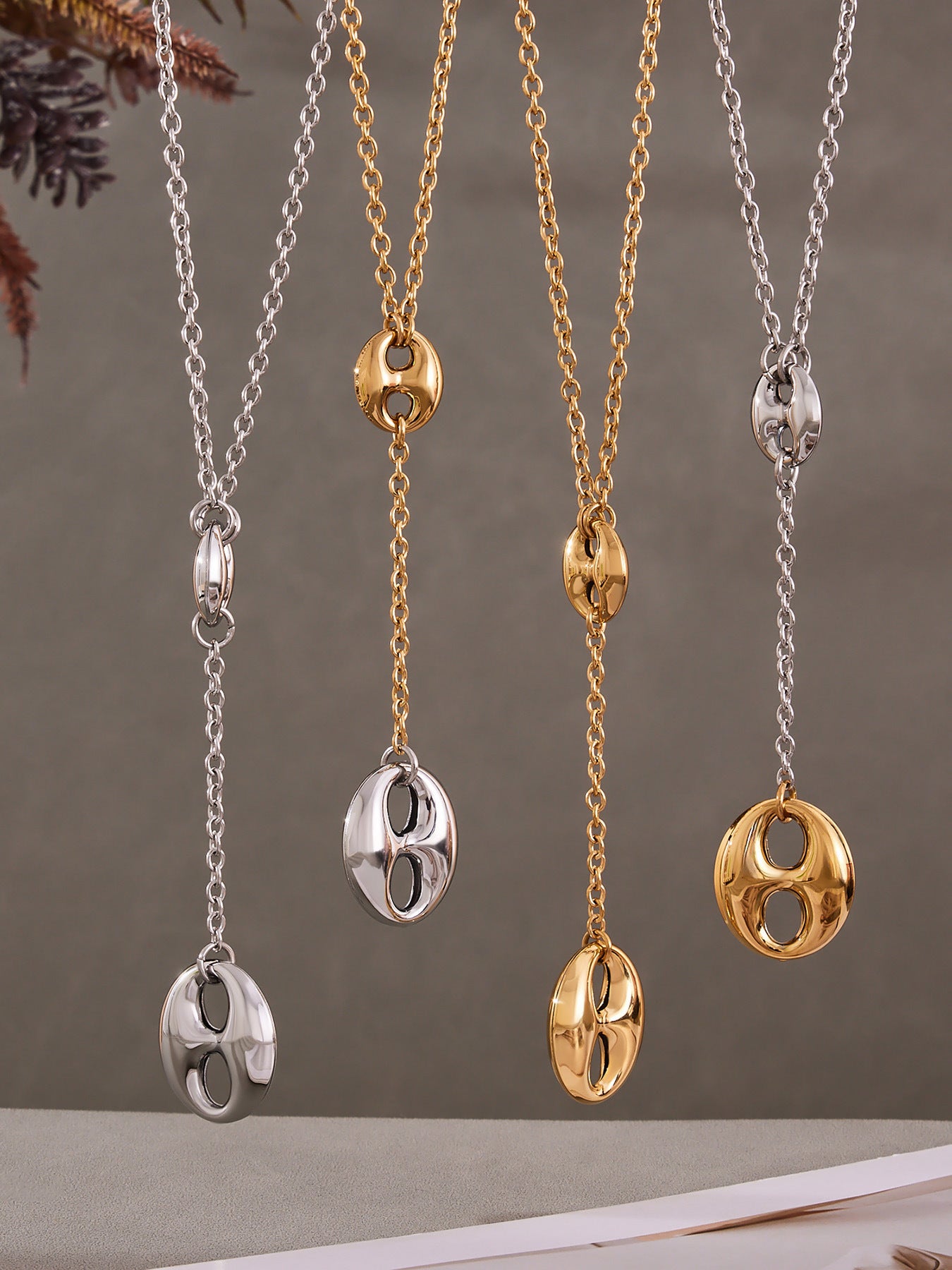 316L Stainless Steel 18K Gold PVD Coffee Bean Y-Tassel Layering Necklace - Coffee Bean, Y-Tassel, Layering Necklace, Stainless Steel, Gold Plated, Lariat Wholesale Stainless Steel Jewelry - Sensitive Skin Friendly - Detail 9