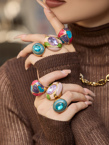 316L Stainless Steel 18K Gold PVD Color Enamel Oval Glass Stone Ring - Color Enamel Oval Glass Stone Gold Ring Wholesale Stainless Steel Jewelry - Sensitive Skin Friendly - Detail 1