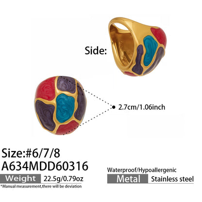 316L Stainless Steel 18K Gold PVD Color Enamel Oval Glass Stone Ring - Color Enamel Oval Glass Stone Gold Ring Wholesale Stainless Steel Jewelry - Sensitive Skin Friendly - Detail 11
