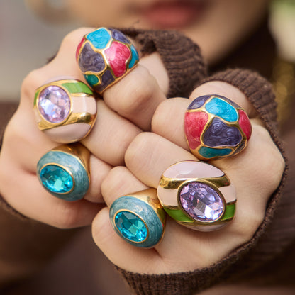 316L Stainless Steel 18K Gold PVD Color Enamel Oval Glass Stone Ring - Color Enamel Oval Glass Stone Gold Ring Wholesale Stainless Steel Jewelry - Sensitive Skin Friendly - Detail 12