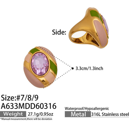 316L Stainless Steel 18K Gold PVD Color Enamel Oval Glass Stone Ring - Color Enamel Oval Glass Stone Gold Ring Wholesale Stainless Steel Jewelry - Sensitive Skin Friendly - Detail 14