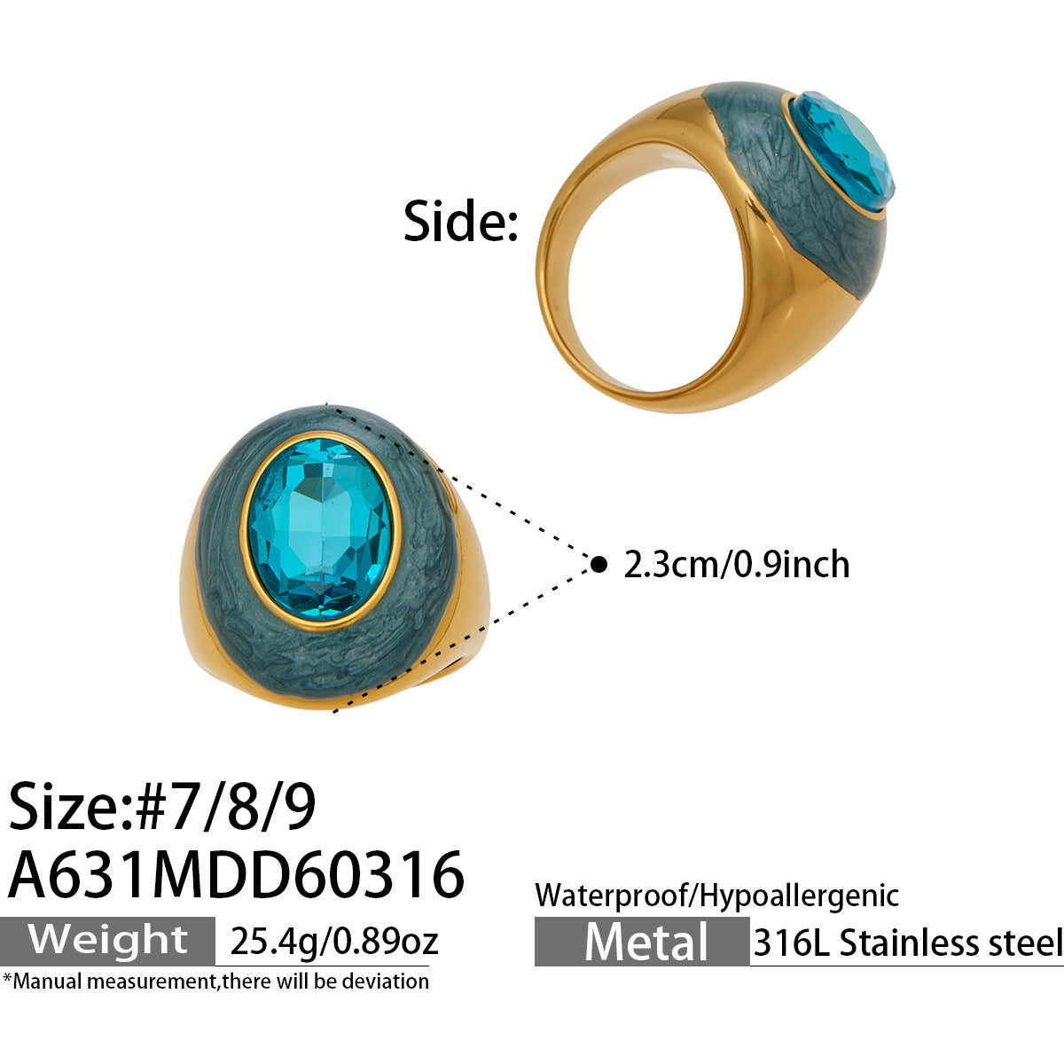 316L Stainless Steel 18K Gold PVD Color Enamel Oval Glass Stone Ring - Color Enamel Oval Glass Stone Gold Ring Wholesale Stainless Steel Jewelry - Sensitive Skin Friendly - Detail 16