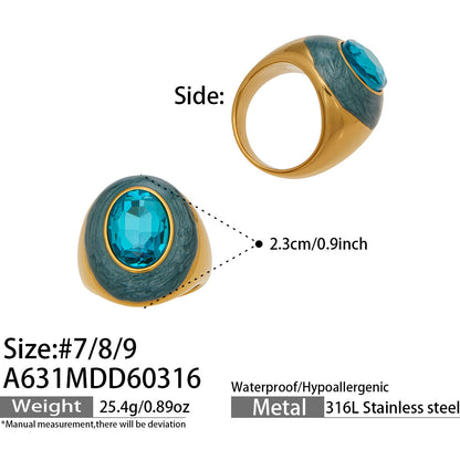 316L Stainless Steel 18K Gold PVD Color Enamel Oval Glass Stone Ring - Color Enamel Oval Glass Stone Gold Ring Wholesale Stainless Steel Jewelry - Sensitive Skin Friendly - Detail 16