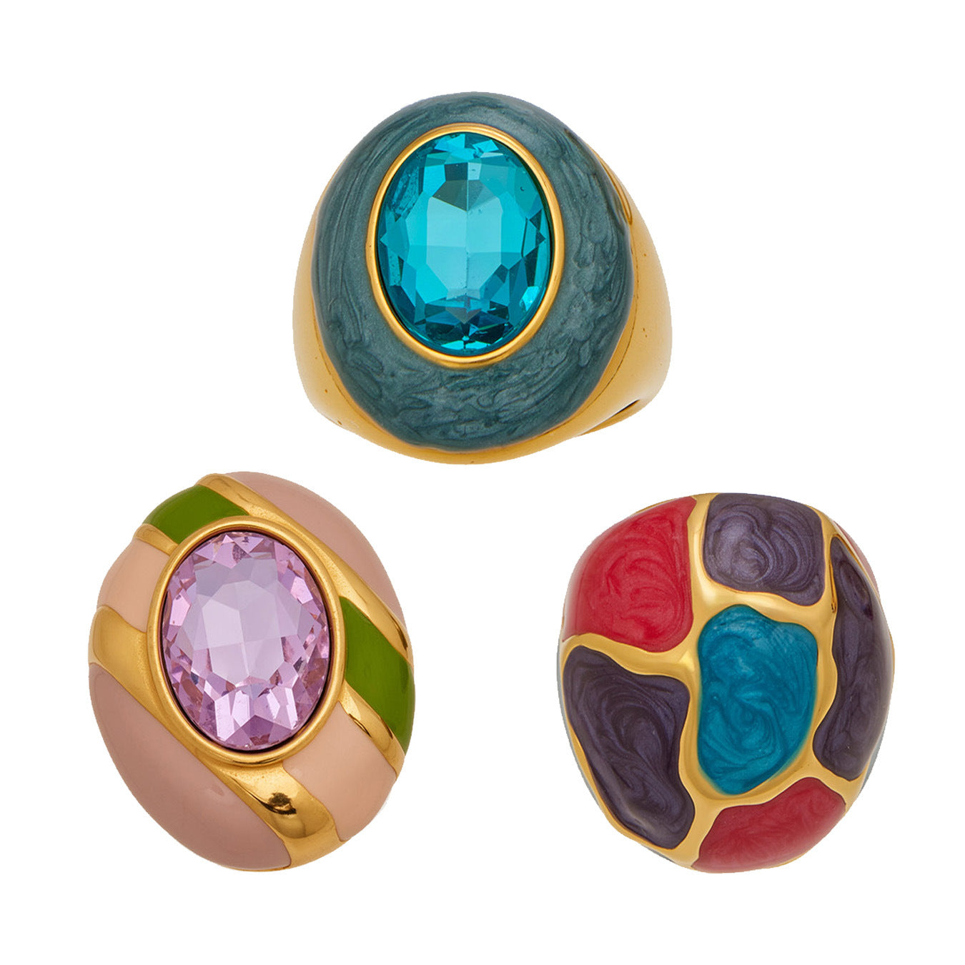 316L Stainless Steel 18K Gold PVD Color Enamel Oval Glass Stone Ring - Color Enamel Oval Glass Stone Gold Ring Wholesale Stainless Steel Jewelry - Sensitive Skin Friendly - Detail 17