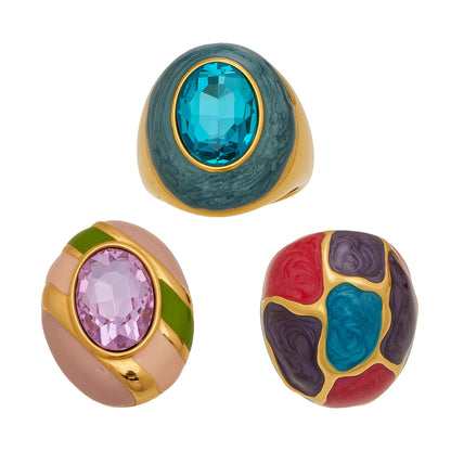 316L Stainless Steel 18K Gold PVD Color Enamel Oval Glass Stone Ring - Color Enamel Oval Glass Stone Gold Ring Wholesale Stainless Steel Jewelry - Sensitive Skin Friendly - Detail 17