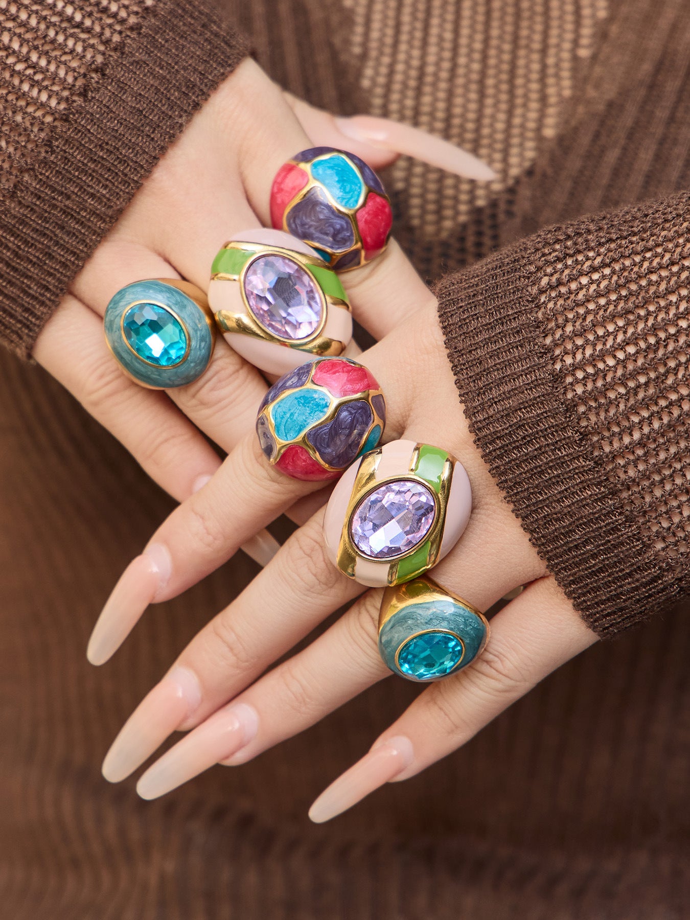 316L Stainless Steel 18K Gold PVD Color Enamel Oval Glass Stone Ring - Color Enamel Oval Glass Stone Gold Ring Wholesale Stainless Steel Jewelry - Sensitive Skin Friendly - Detail 2