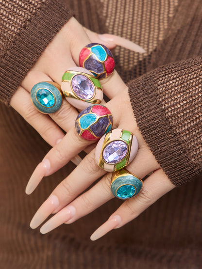 316L Stainless Steel 18K Gold PVD Color Enamel Oval Glass Stone Ring - Color Enamel Oval Glass Stone Gold Ring Wholesale Stainless Steel Jewelry - Sensitive Skin Friendly - Detail 2