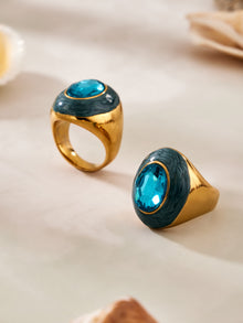 316L Stainless Steel 18K Gold PVD Color Enamel Oval Glass Stone Ring - Color Enamel Oval Glass Stone Gold Ring Wholesale Stainless Steel Jewelry - Sensitive Skin Friendly - Detail 5