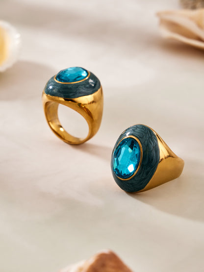 316L Stainless Steel 18K Gold PVD Color Enamel Oval Glass Stone Ring - Color Enamel Oval Glass Stone Gold Ring Wholesale Stainless Steel Jewelry - Sensitive Skin Friendly - Detail 5