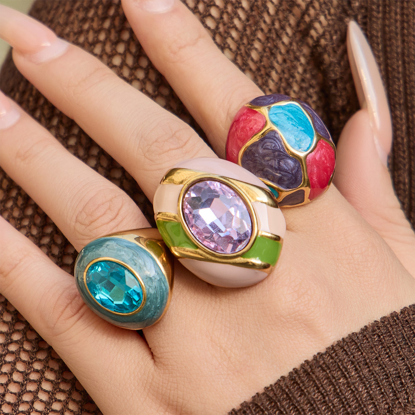 316L Stainless Steel 18K Gold PVD Color Enamel Oval Glass Stone Ring - Color Enamel Oval Glass Stone Gold Ring Wholesale Stainless Steel Jewelry - Sensitive Skin Friendly - Detail 6